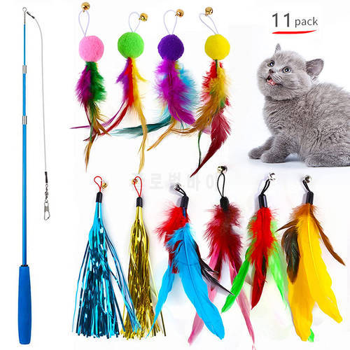 11Pcs Retractable Cat Feather Toy Set Retractable Cat Wand Toys and Replacement Teaser with Bell Refills Cat Toy for Indoor Cats