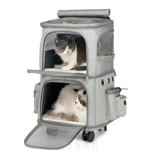 Wheeled Cat Carrier Double Layer for 2 Cats Small Dogs Breathable Comfort Removable Rolling Wheels Trolley Cat Dog Travel Bag