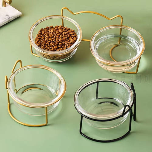 2x300ml Double Glass Cat Dog Bowl Puppy Food Bowl with Iron Frame Gold Stand Raised Water Feeder Bowl Pet Supplies Accessories