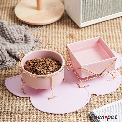 Luxury Pink Ceramics Pet Food Bowl with Golden Stand Pet Supplies for Cat and Dog Nordic Style Pet Food Water Feeder