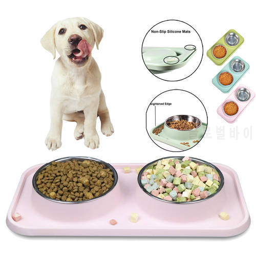Pet Double Bowl Stainless Steel Non-Slip Cat Feeder Bowls with Stand Dog Bowl Food Water Feeder Pubby Kitten Pets Supplies