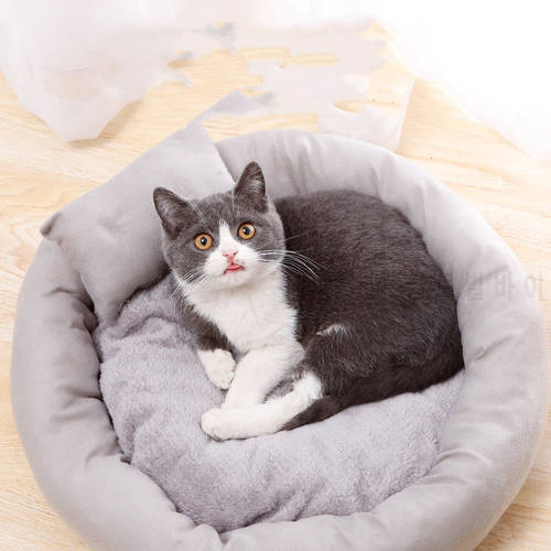 Short Plush Cat Bed Round Bed for Cats Small Dog Warm Pet Nest with Pillow Puppy Kennel Sofa Kitten Cave Cushion Cat Accessories