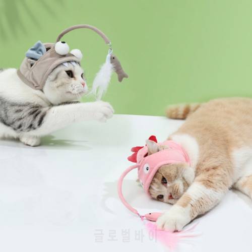 CatInteractive Toys Kitten Fishing Headdres Hat Feathers Bait Fishing Head CoversTease Pet Supplies Cat Accessories funny bigeye