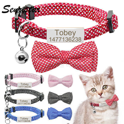 Bling Bow Tie Cat Collar Personalized Nameplate Cat Collar Bell Necklace Custom Engraved ID Name Tag Cute Bowknot Cat Collar