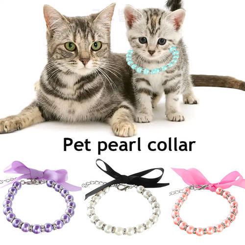 Dog Pearl Necklace Cat Decoration Collar Ribbon Bow Tie Pet Apparels Jewelry Accessories for Puppy Dogs Fashion Crystal Chain