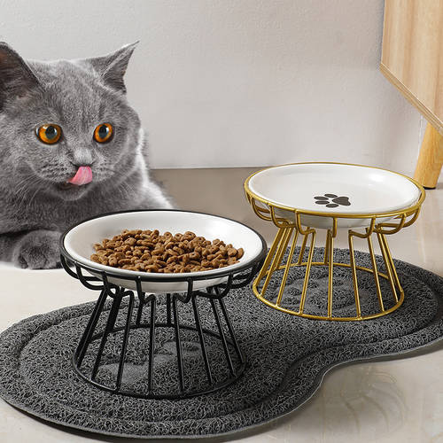 Pet Ceramic Bowl Cat Food Feeding Double Dish Stainless Steel Raised Stand Snack Canned Plate Anti-cervical Spondylosi Food Bowl