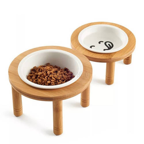 Cute Cat Bowl High-end Pet Bowl Bamboo Elevated Shelf Ceramic Feeding Drinking Bowls Standing Ceramic Cartoon Patterns Dog Bowls