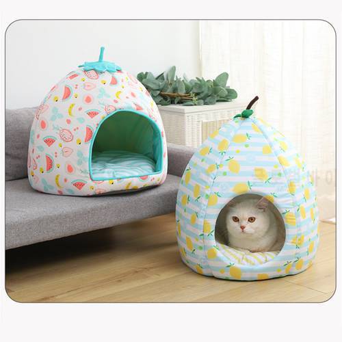 Pet Soft Tent Cave Bed for Cats and Small Dogs, Foldable Cat Bed Hut Tent House with Removable Cushion, Strawberry & Lemon Shape