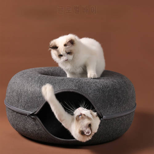 Round Wool Felt Pet Nest Cat Tunnel Nest Grey Cat House Zipper Donut Removable Kitten Four Seasons Cat Bed House Nest Mascotas
