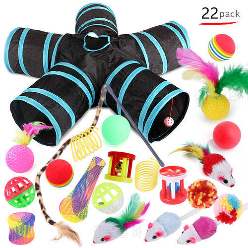 22Pcs Cat Toy Tunnel Sets Extensible Collapsible 2/3/4/5 Holes Cat Tunnels for Indoor Outdoor Interactive Cat Feather Balls Toy