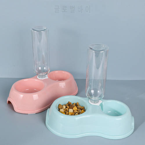 Pet Bowl Macaron With Drinking Bottle Round Plastic Double Bowl Cat And Dog Drinking Water Diet Two-In-One Cat Bowl Dog Bowl