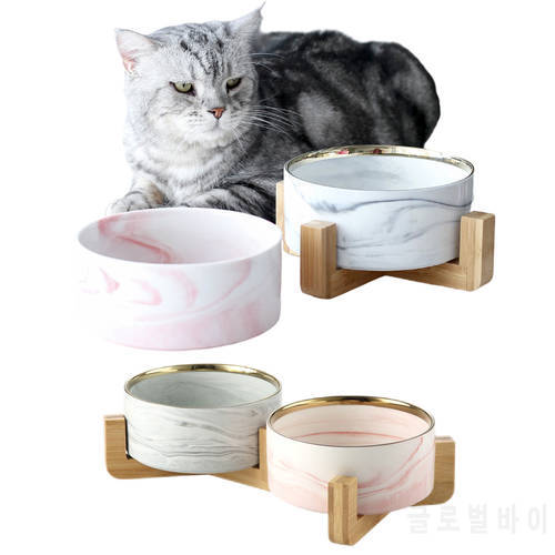 Ulmpp Cat Feeding Bowl Ceramic Double Pet Kitten Puppy Water Food Feeder Dispenser With Wood Stand and Dish Mat Dog Supplies