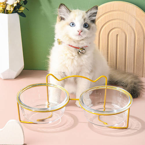 Cat Double Bowl Glas with Stand and Mat Pet Kitten Puppy Transparent Food Feeding Dish Water Feeder Metal Elevated Dog Supplies