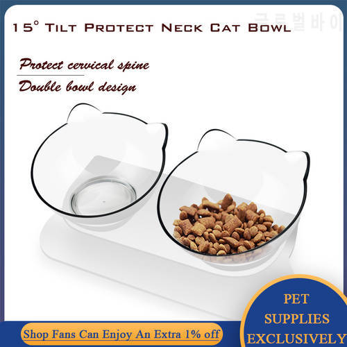 15°Adjustable Cat Water Bowl Anti-Slip Puppy Bulldog Dog Feeder Double Basin Tray Cat Accessories Pet Food Bowl with Stand Basin
