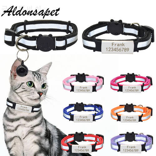Personalized Reflective Nameplate Cat Collar Bell Safety Nylon Necklace Custom Engraved ID Name Tag Cat Collar Pet Kitten Collar