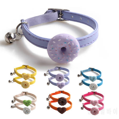 Cute Pet Cat Collar Elastic Strap Safety with Bell kawaii PU Leather Heart Donut Goats Collier Chain Adjustable XS Blue Yellow