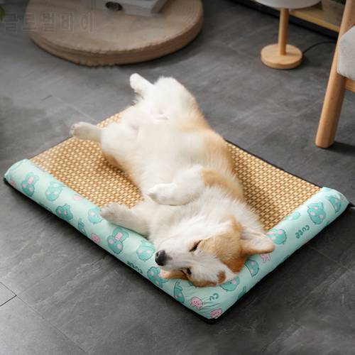 Summer Dog Cooling Mat Pet Cool Pad Breathable Rattan with Pillow Non-Slip Bottom Cat Blanket Cushion for Kennel Sleep Bed