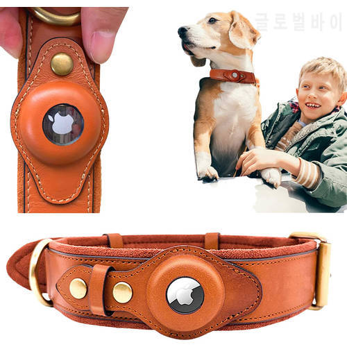 Dog Collar for Original Apple AirTag, Genuine Leather Dog Collar For Location Tracker Pet Anti-lost Device AirTag Accessories