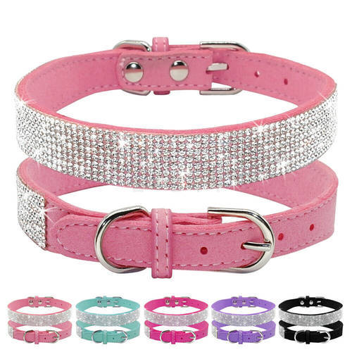 Suede Leather Rhinestone Comfortable Diamante Dog Collar Soft Bling Cat Puppy Alloy Buckle Collar Small Pet XXS-XXL