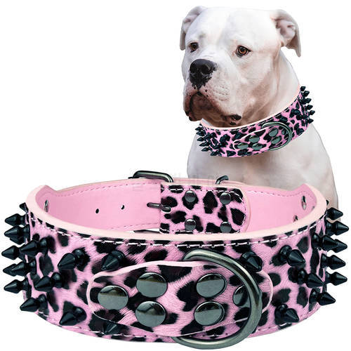 Spiked Studded Dog Collars Pu Leather Pet Choker Metal Rivets Anti-Bite Leopard Neck Strap for Small Medium Large Dogs Products