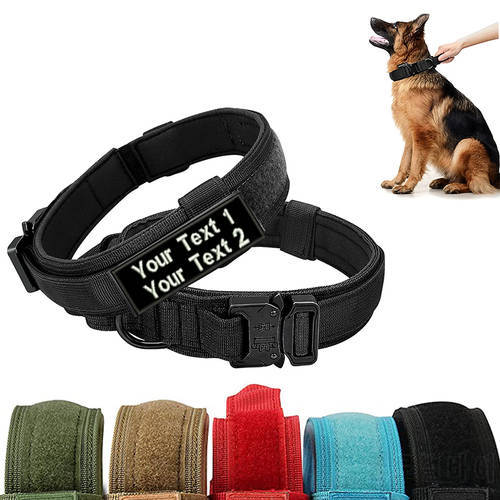 Personalized Military Tactical Adjustable Dog Collar With Embroidery Name Patch Metal Buckle Control Handle Medium Large Dogs