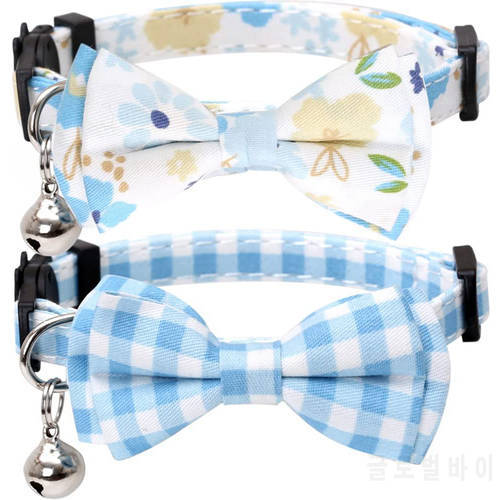 Plaid Cat Collar Breakaway with Cute Bow Tie and Bell Blue Flower for Kitty Adjustable Floral Safety Kitten Collars for Pets