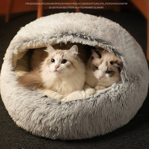 Cat Beds Round Soft Plush Burrowing Cave Hooded Cat Bed Donut for Dogs Cats Comfortable Self Warming Pet Bed