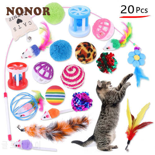 NONOR Cat Toys Set Feather Teaser Wand Toy Kitten Teaser Refills Mouse Shape Balls Shapes Playing Without the Stick