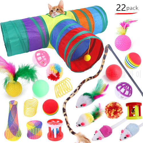 Pet Cat Toy Tunnel Set Funny Feather Mouse Bell Ball Interactive Toys Cat Funny Stick Mouse Supplies Value Bundle Sets
