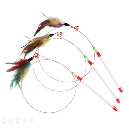 3pcs Steel Wire Feather Cat Teaser Red Green Feather Cat Rod Toy With Bell Pet Toy