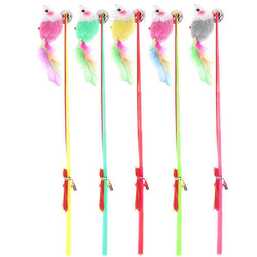 5pcs Pet Cat Toys Interactive Dangle Faux Mouse Rod Bell Toy Colorful Feather Wand Teaser Rod for Cats Supplies Pet Products