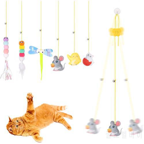 6PC Door Hanging Cats Toy Interactive Elastic Cat Scratch String Catnip Ball Feather Kitty Toy Funny Cat Teaser Stick Pet Supply