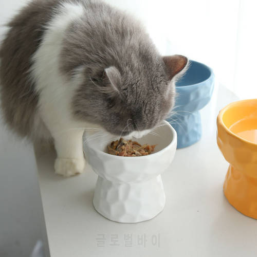 Ceramic Cat Bowl Pattern High-footed Flat-mouth Bowl Anti-overturn Protection Cervical Spine Dog and Cat Feeding and Water