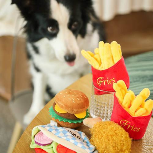 1pcs Hamburger Plush Soft Stuffed Dog Toys Squeaky French fries Shape Chew Bite Resistant Toy for Dogs Pet Toys Accessories