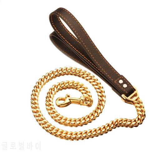 Metal Dog Leash Pet Lead Stainless Steel 14mm Gold Dog Chain Collar Lead Pet Leather for Small Large Dogs Bulldog Collar Leash