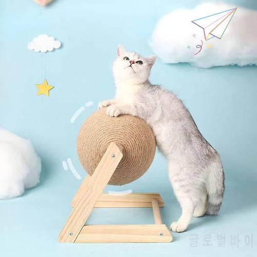 Cat Scratching Ball Toy Natural Sisal Rope Ball Wooden Grinding Paws Scratcher Board Pet 360° Rotation Interaction Training Toys