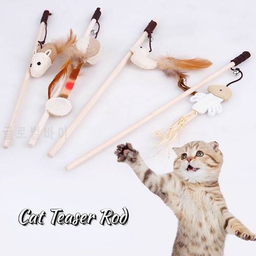 8PCS Interactive Cat Toys Wood Cat Teaser Rod Kitten Funny Wand Toys 40cm Creative Natural Mouse Animal Feather Stick Pet Toy