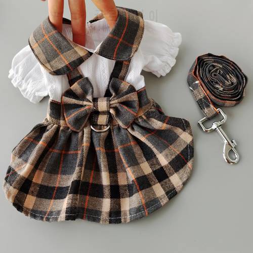 College Plaid Dog Dresses Harness Leash Suit Pet Plaid Skirts Dog Clothes Ropa Perro Chihuahua Skirt Bow Puppy Dress Pet Clothes