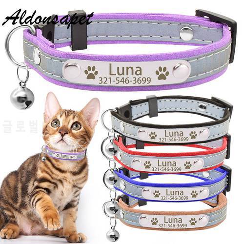 Personalized Reflective Leather Nmaeplate Cat Collar Custom Engraved Safety Breakaway AdjustableCat Collar Name Tag For Kitten