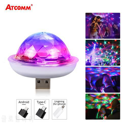 Mobile Phone USB LED Stage Light With Music Sensor Portable 5V RGB Crystal Magic Ball LED Stage DJ Disco Lamp Home Club Party