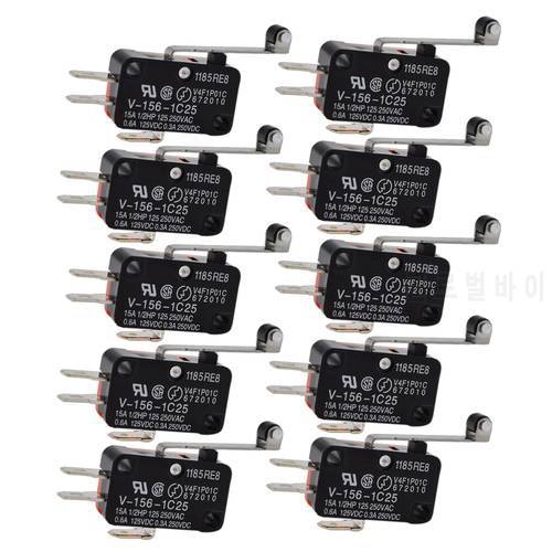 10pcs Durable Micro Limit Switch V-156-1C25 Long Hinge Roller Momentary SPDT Snap Action