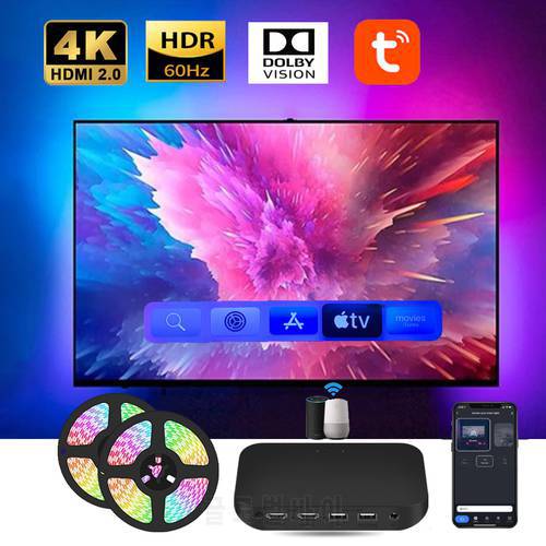 Smart Ambient TV Led Backlight For 4K HDMI 2.0 Device Sync Box Led Strip Lights Kit Wifi Alexa Voice Google Assistant Control