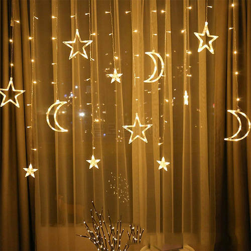 LED Icicle Star Moon Lamp Fairy Curtain String Lights Garland Christmas Lights for Bedroom Home Wedding Party Window Decoration