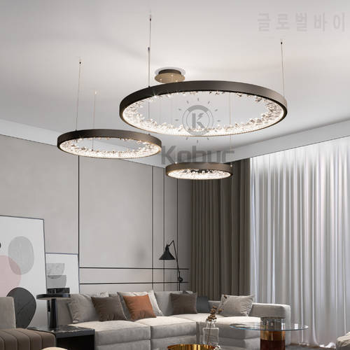 Kobuc Round Ring Chandelier Modern Crystal Pendant Light 40/60/80cm for Living Room Bedroom Kitchen Home Decor Black/Gold Lamp