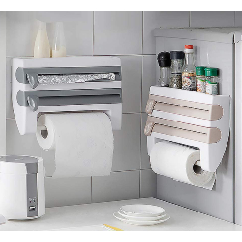 4-in-1 Wall Mount Paper Towel Holder Organizer Kitchen Storage Rack Aluminum Foil Dispenser Plastic Wrap Dispenser with Cutter